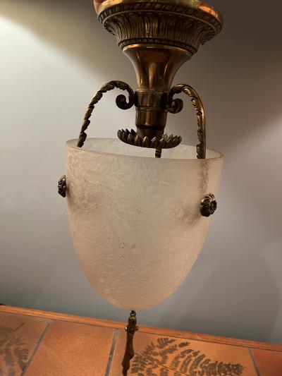 ART DECO NEOCLASSICAL GLASS AND BRONZE FLUSH MOUNT CHANDELIER