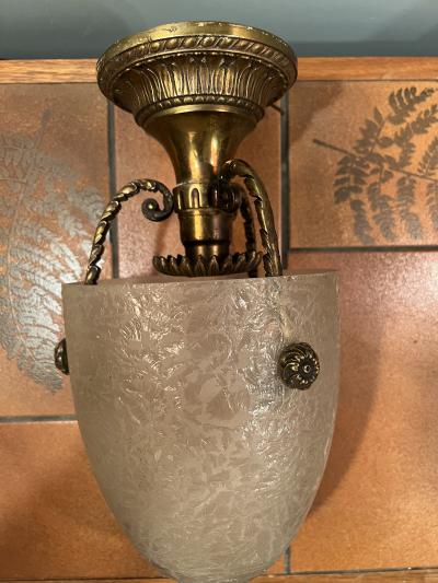 ART DECO NEOCLASSICAL GLASS AND BRONZE FLUSH MOUNT CHANDELIER