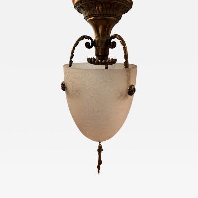 ART DECO NEOCLASSICAL GLASS AND BRONZE FLUSH MOUNT CHANDELIER