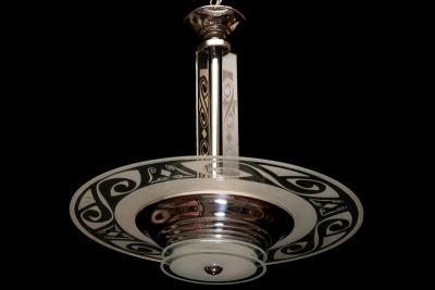 ART DECO NICKEL AND ETCHED GLASS SATURN HANGING LIGHT