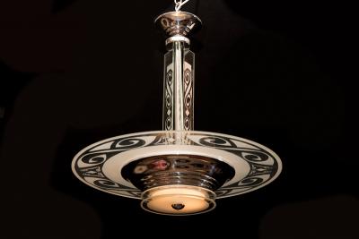 ART DECO NICKEL AND ETCHED GLASS SATURN HANGING LIGHT