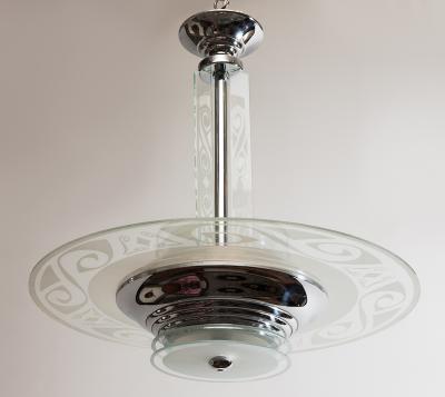 ART DECO NICKEL AND ETCHED GLASS SATURN HANGING LIGHT