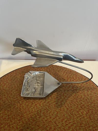 ART DECO PLANE AND WARSHIP CHROMED METAL SCULPTURE ASHTRAY