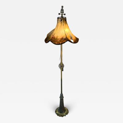 ART DECO POLYCHROMED ALUMINUM STEEL FLOOR LAMP WITH ORIGINAL PARCHMENT SHADE