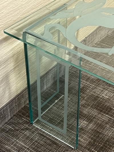 ART DECO REVIVAL ETCHED GLASS TABLE WITH DOLPHIN AMONGST SEA PLANTS