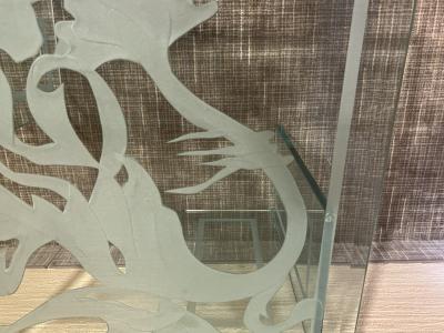 ART DECO REVIVAL ETCHED GLASS TABLE WITH DOLPHIN AMONGST SEA PLANTS
