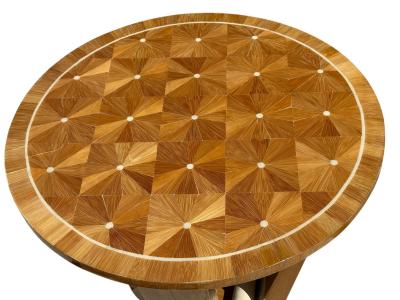 ART DECO REVIVAL EXOTIC BOOKMATCHED INLAID WOOD TRAVERTINE MARBLE TABLE