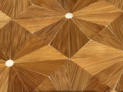 ART DECO REVIVAL EXOTIC BOOKMATCHED INLAID WOOD TRAVERTINE MARBLE TABLE