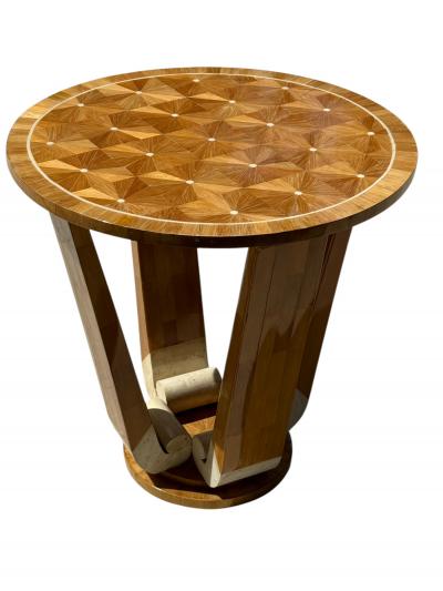 ART DECO REVIVAL EXOTIC BOOKMATCHED INLAID WOOD TRAVERTINE MARBLE TABLE