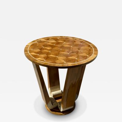ART DECO REVIVAL EXOTIC BOOKMATCHED INLAID WOOD TRAVERTINE MARBLE TABLE