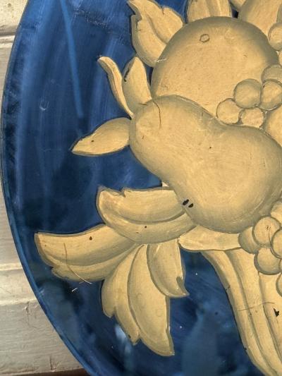 ART DECO ROUND BLUE MIRROR WITH HANDPAINTED BASKET OF FRUIT