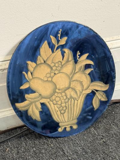 ART DECO ROUND BLUE MIRROR WITH HANDPAINTED BASKET OF FRUIT