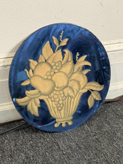 ART DECO ROUND BLUE MIRROR WITH HANDPAINTED BASKET OF FRUIT