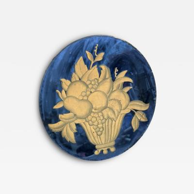 ART DECO ROUND BLUE MIRROR WITH HANDPAINTED BASKET OF FRUIT