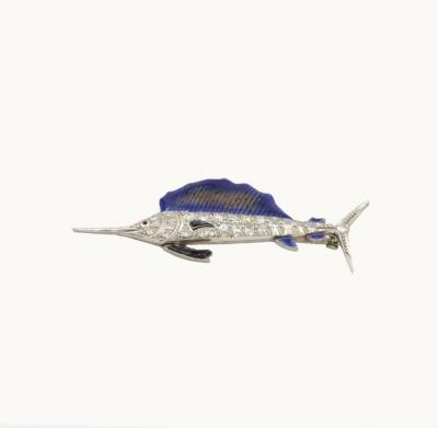 ART DECO SAILFISH BROOCH IN PLATINUM WITH DIAMONDS AND ENAMEL CIRCA 1930