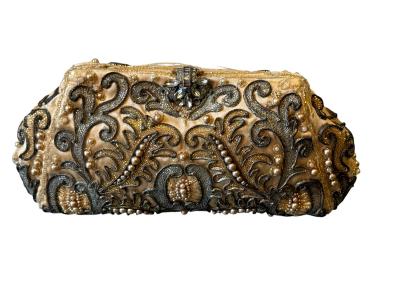 ART DECO SATIN CLUTCH SILVER CLEAR GLASS BEADING PEARLS WITH RHINESTONE CLASP