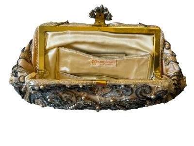 ART DECO SATIN CLUTCH SILVER CLEAR GLASS BEADING PEARLS WITH RHINESTONE CLASP