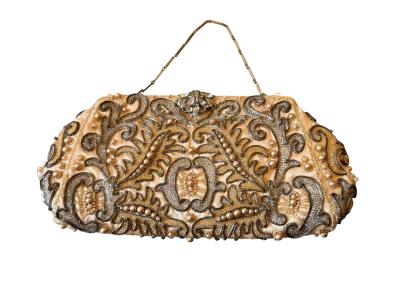 ART DECO SATIN CLUTCH SILVER CLEAR GLASS BEADING PEARLS WITH RHINESTONE CLASP
