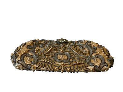 ART DECO SATIN CLUTCH SILVER CLEAR GLASS BEADING PEARLS WITH RHINESTONE CLASP