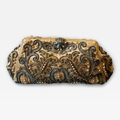ART DECO SATIN CLUTCH SILVER CLEAR GLASS BEADING PEARLS WITH RHINESTONE CLASP