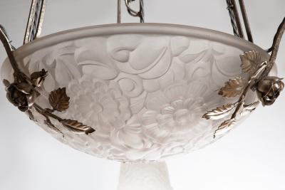 ART DECO THREE ARM SILVER PLATED AND MOULDED GLASS CHANDELIER MULLER FRERES