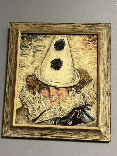 ART DECO WOMAN WITH PIERROT CONICAL HAT RUFFLED COLLAR PAINTING