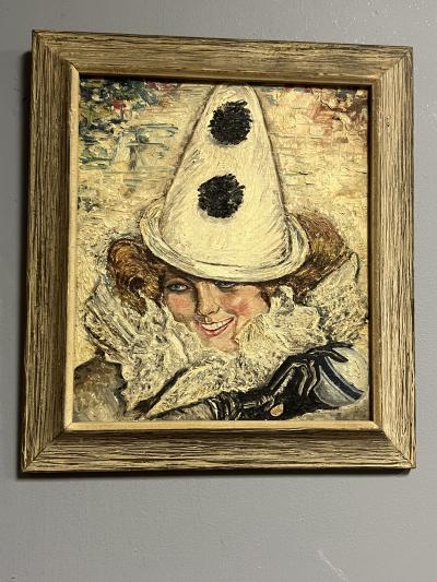 ART DECO WOMAN WITH PIERROT CONICAL HAT RUFFLED COLLAR PAINTING