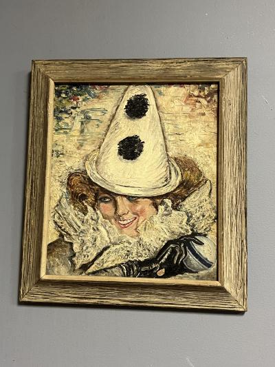 ART DECO WOMAN WITH PIERROT CONICAL HAT RUFFLED COLLAR PAINTING