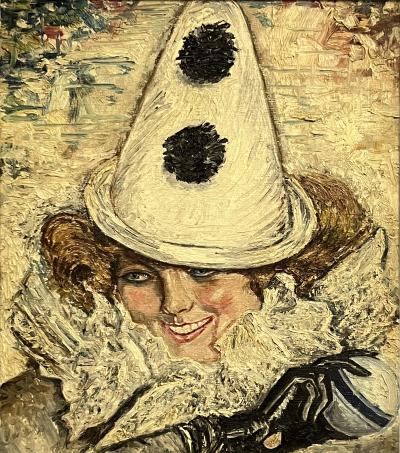 ART DECO WOMAN WITH PIERROT CONICAL HAT RUFFLED COLLAR PAINTING