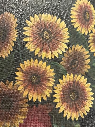 ART DECO WOMAN WITH SUNFLOWERS IN TUSCAN LANDSCAPE PAINTING SIGNED