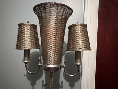 ART DECO WOVEN NICKELED BRONZE TRIPLE LIGHT TORCHIERE