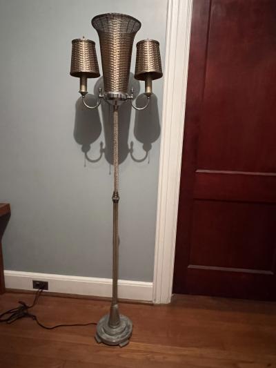 ART DECO WOVEN NICKELED BRONZE TRIPLE LIGHT TORCHIERE