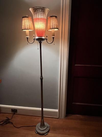 ART DECO WOVEN NICKELED BRONZE TRIPLE LIGHT TORCHIERE