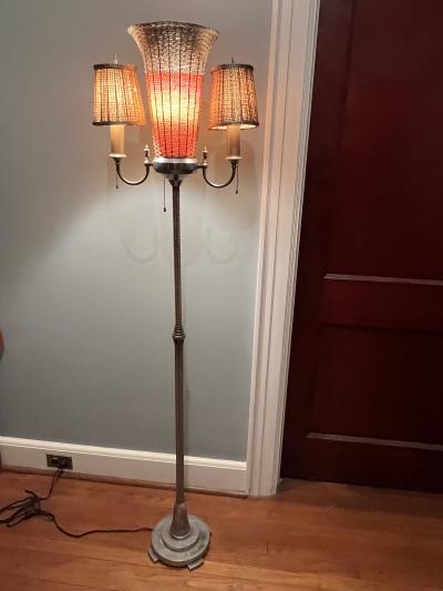 ART DECO WOVEN NICKELED BRONZE TRIPLE LIGHT TORCHIERE