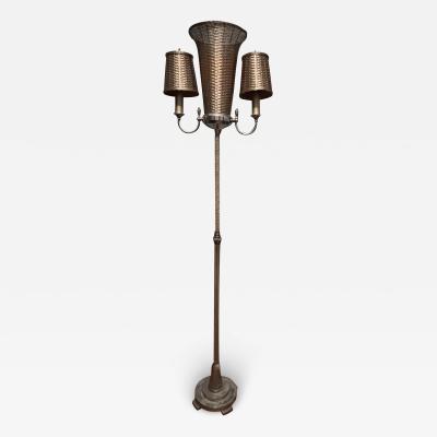 ART DECO WOVEN NICKELED BRONZE TRIPLE LIGHT TORCHIERE