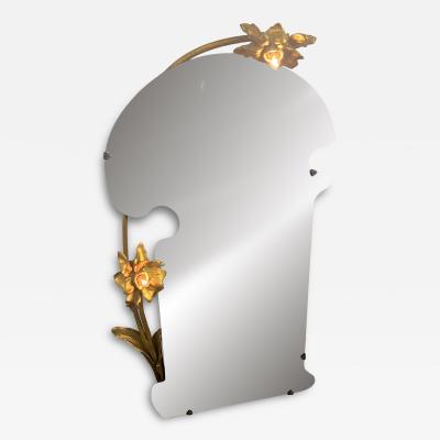 ART NOUVEAU CURVACEOUS BEVELED MIRROR WITH CARVED GILT WOOD FLOWER SCONCES