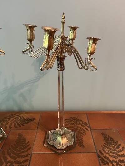 ART NOUVEAU SILVERPLATE WITH FACETED GLASS STEM FOUR CANDLE CUP CANDLESTICKS