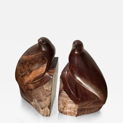 ARTIST CARVED HARDWOOD SEAL WITH BLACK ONYX EYES BOOKENDS