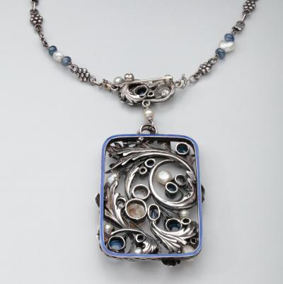 ARTS CRAFTS DIAMOND SAPPHIRE PEARL ENAMEL ON SILVER NECKLACE