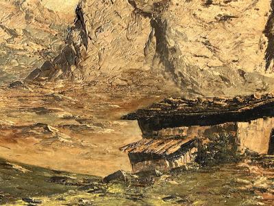 ATMOSPHERIC GOLD MINERS CABIN AMONGST MOUNTAINS PAINTING