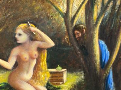 ATMOSPHERIC NUDE BATHING IN FOREST WITH WATCHERS PAINTING