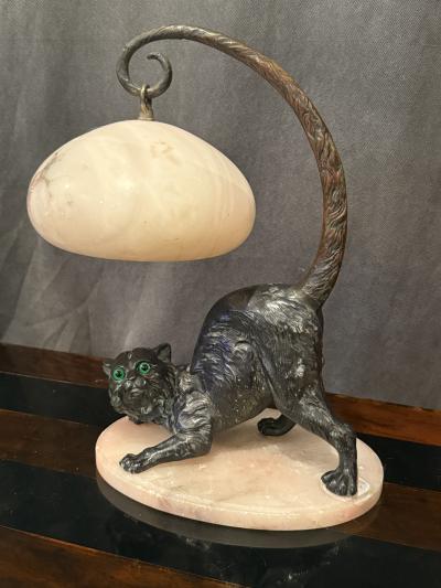 AUSTRIAN BRONZE CAT WITH GLASS EYES LAMP WITH ALABASTER BASE SHADE
