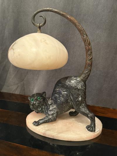 AUSTRIAN BRONZE CAT WITH GLASS EYES LAMP WITH ALABASTER BASE SHADE