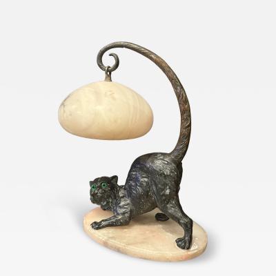 AUSTRIAN BRONZE CAT WITH GLASS EYES LAMP WITH ALABASTER BASE SHADE