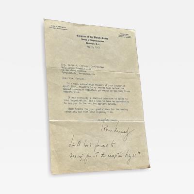AUTOGRAPHED JOHN F KENNEDY LETTER TO HOLY CROSS WOMENS CLUB 1952
