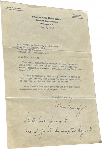AUTOGRAPHED JOHN F KENNEDY LETTER TO HOLY CROSS WOMENS CLUB 1952