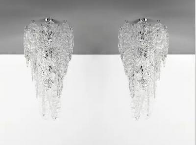 AV Mazzega 2 Grand Italian Midcentury Modern Cascading Clear Murano Glass Chandeliers 1970