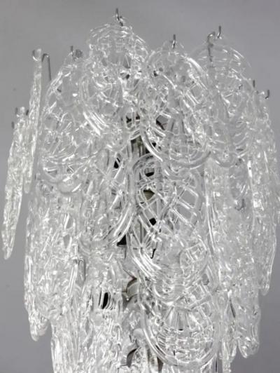 AV Mazzega 2 Grand Italian Midcentury Modern Cascading Clear Murano Glass Chandeliers 1970
