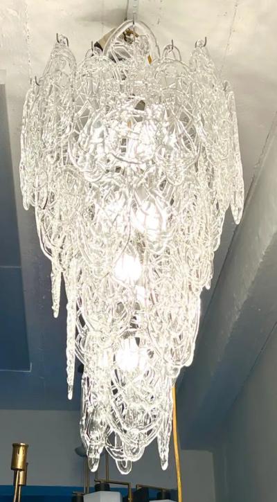 AV Mazzega 2 Grand Italian Midcentury Modern Cascading Clear Murano Glass Chandeliers 1970