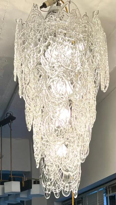 AV Mazzega 2 Grand Italian Midcentury Modern Cascading Clear Murano Glass Chandeliers 1970